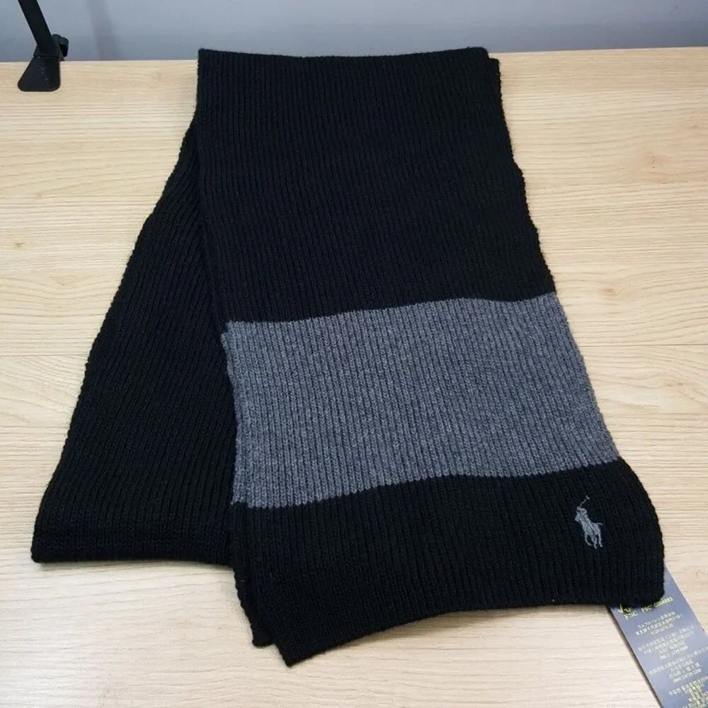 POLO RALPH LAUREN Mens Scarf Black Gray Rugby Stripe Wool Blend Pony Logo 10x70